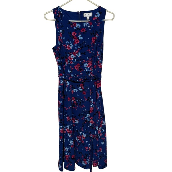 Elle Blue Pink Floral Fit Flare Belted Midi Dress Women’s Size Small - Picture 2 of 8
